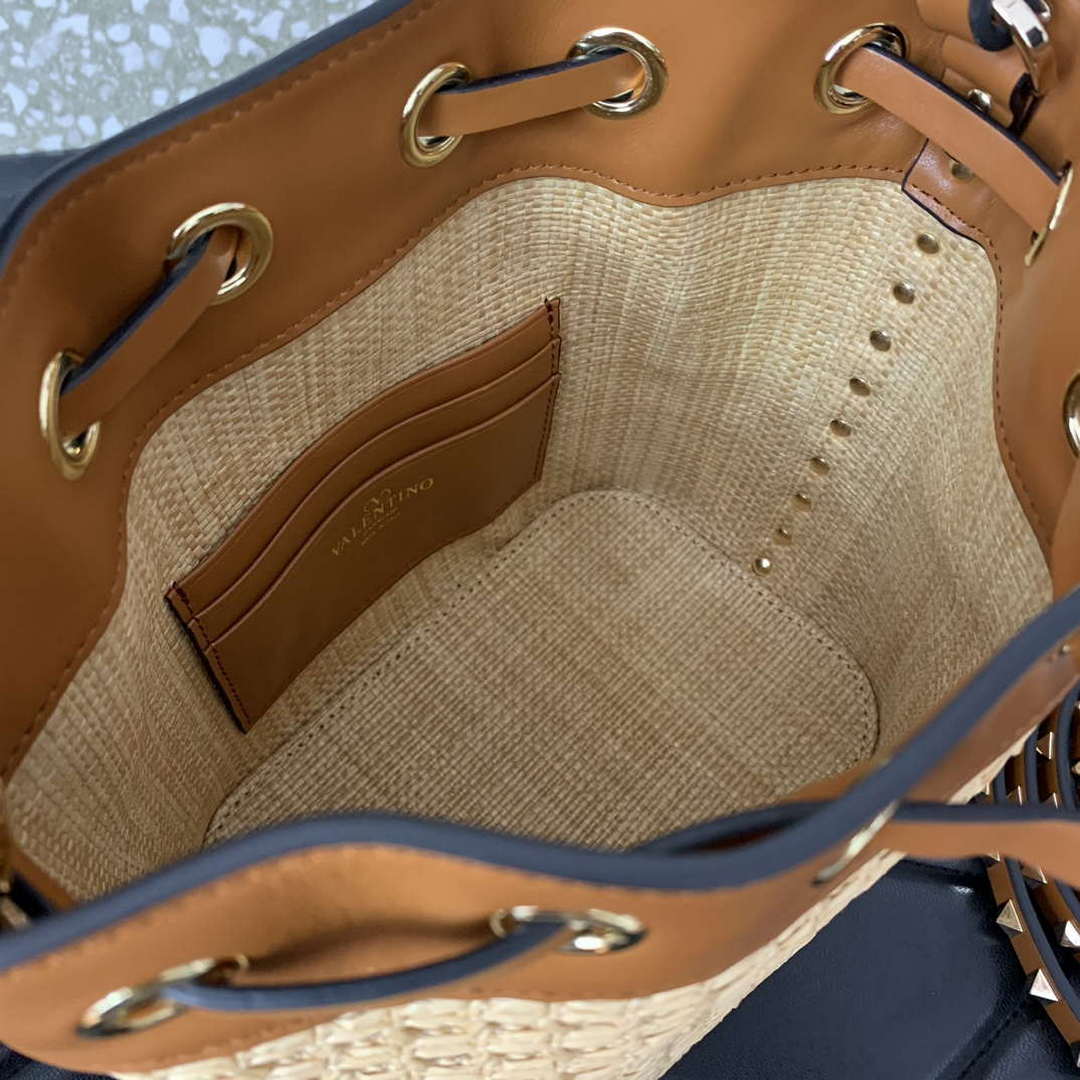 Valentino 03191 VLOGO SIGNATURE MINI BUCKET BAG IN SYNTHETIC RAFFIA