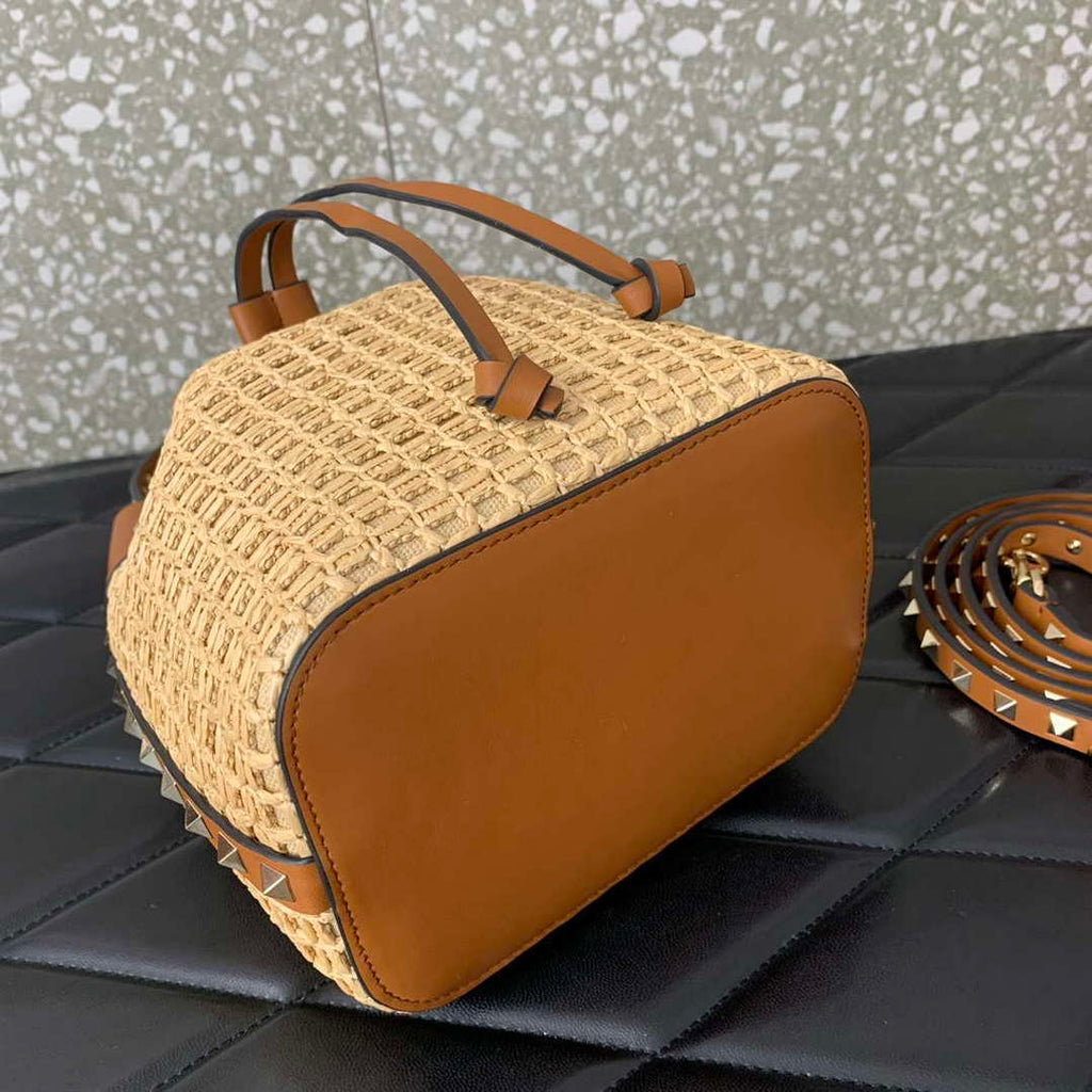 Valentino 03191 VLOGO SIGNATURE MINI BUCKET BAG IN SYNTHETIC RAFFIA