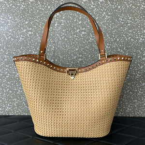 Valentino 0660 Garavani Rockstud leather-trimmed raffia shopper - Default Title - View 1