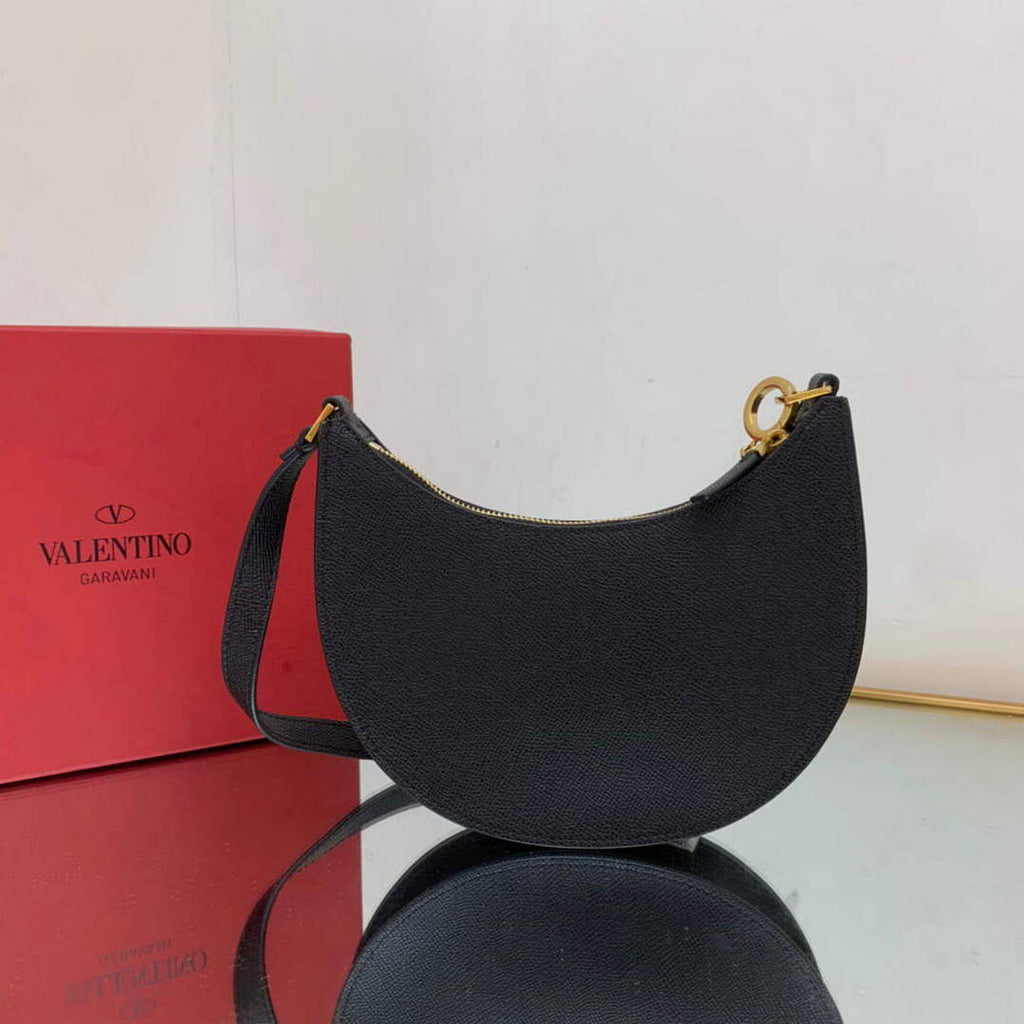 Valentino 1W2P0W19RQR Mini Vlogo Signature Grainy Calfskin Hobo Bag Black