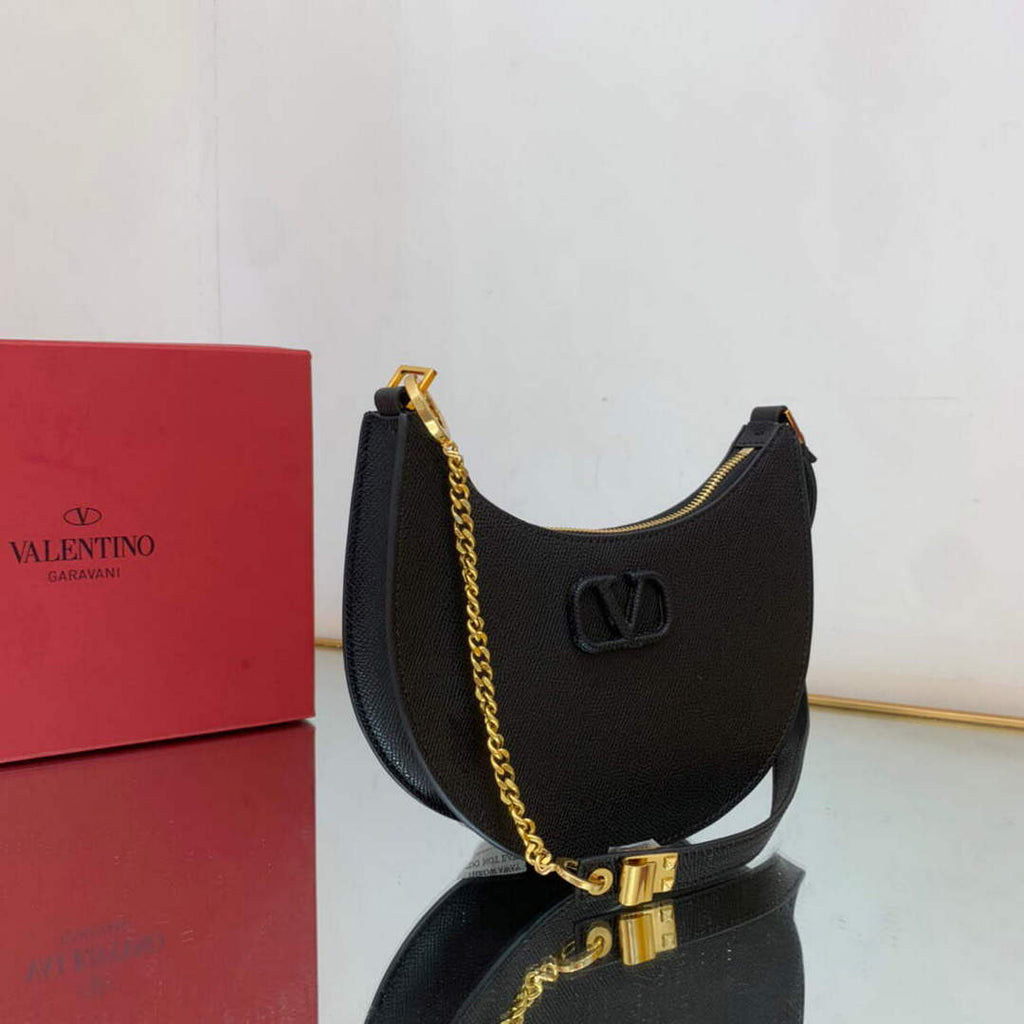 Valentino 1W2P0W19RQR Mini Vlogo Signature Grainy Calfskin Hobo Bag Black