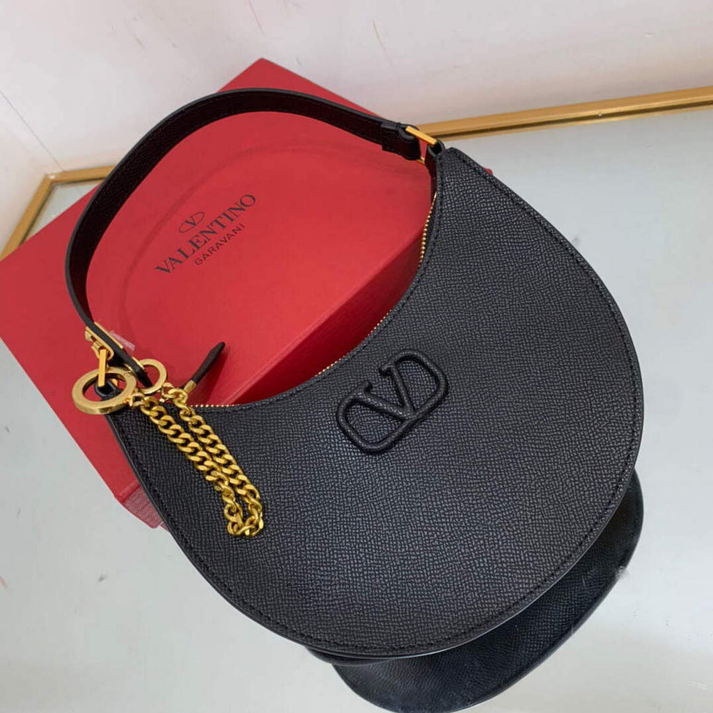 Valentino 1W2P0W19RQR Mini Vlogo Signature Grainy Calfskin Hobo Bag Black