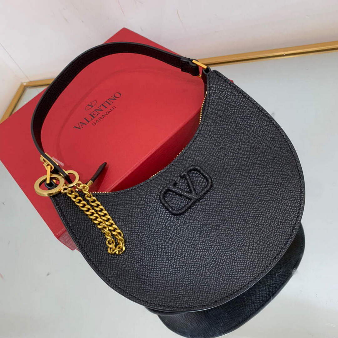 Valentino 1W2P0W19RQR Mini Vlogo Signature Grainy Calfskin Hobo Bag Black