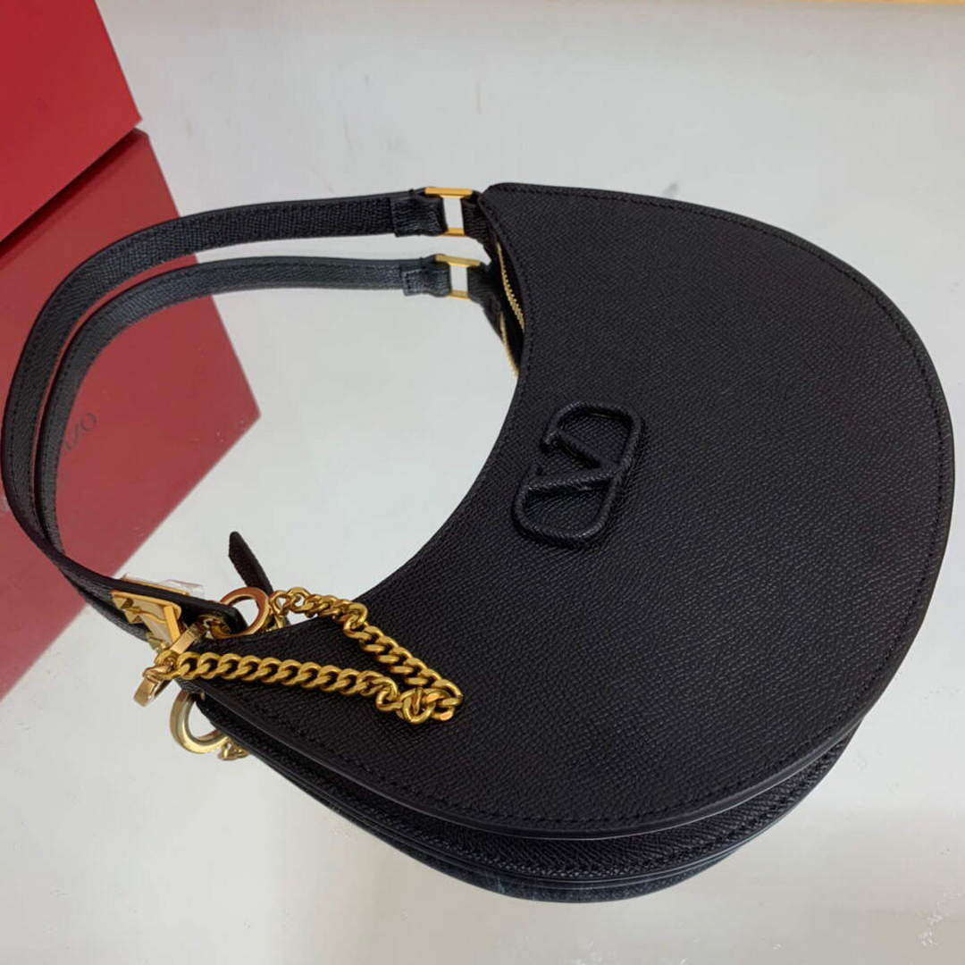 Valentino 1W2P0W19RQR Mini Vlogo Signature Grainy Calfskin Hobo Bag Black