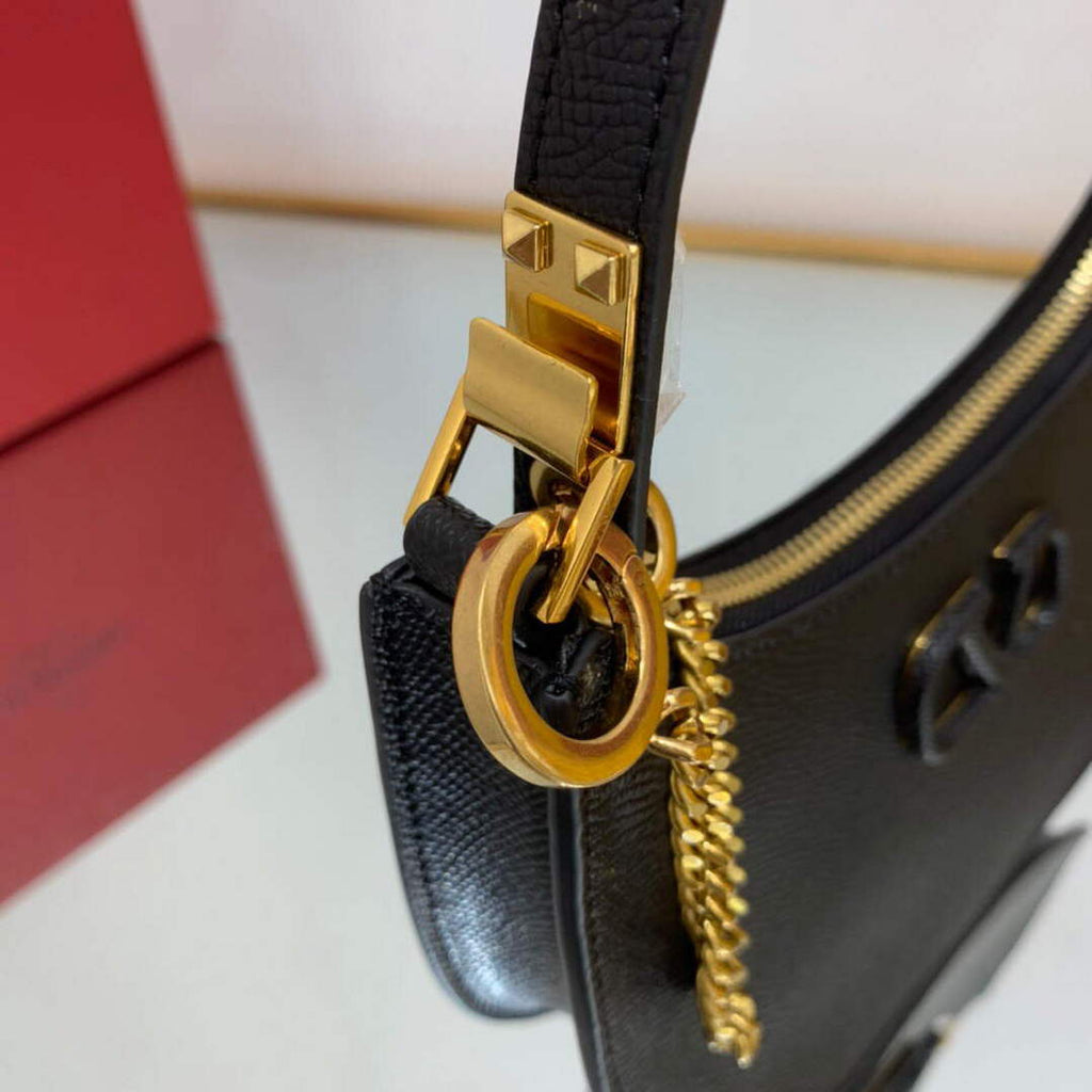 Valentino 1W2P0W19RQR Mini Vlogo Signature Grainy Calfskin Hobo Bag Black