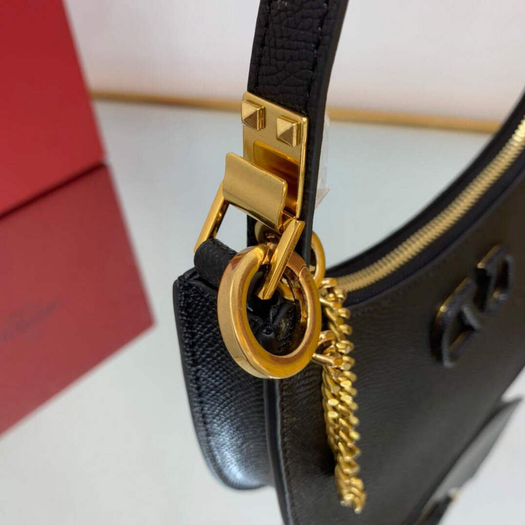 Valentino 1W2P0W19RQR Mini Vlogo Signature Grainy Calfskin Hobo Bag Black