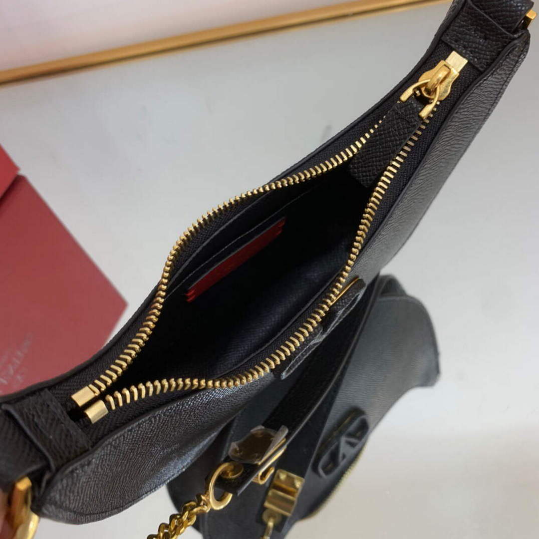 Valentino 1W2P0W19RQR Mini Vlogo Signature Grainy Calfskin Hobo Bag Black