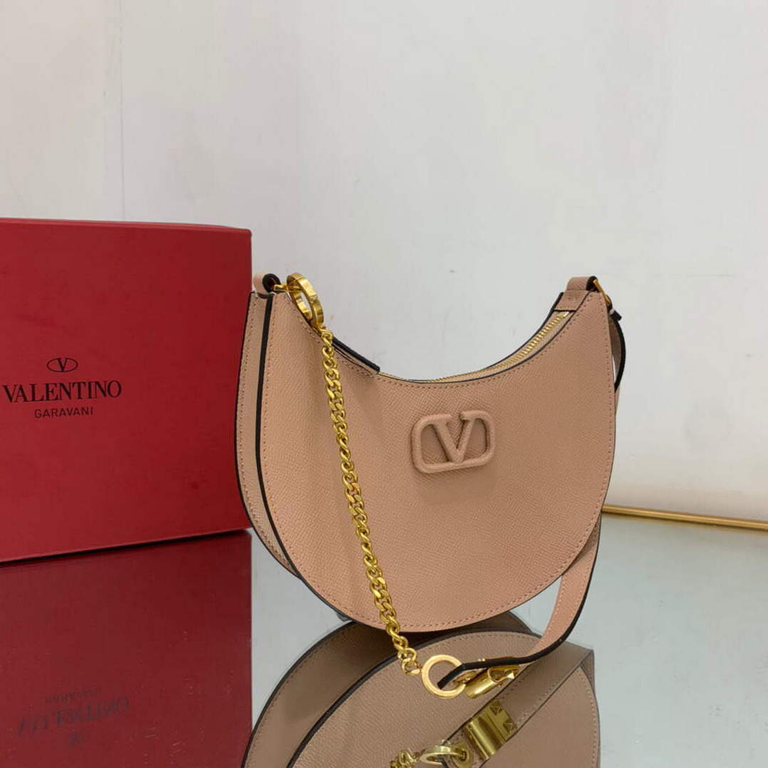 Valentino 1W2P0W19RQR Mini Vlogo Signature Grainy Calfskin Hobo Bag Light Pink