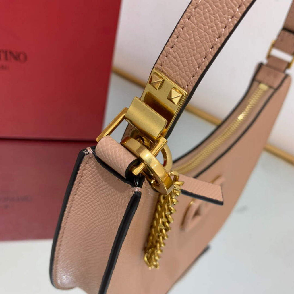 Valentino 1W2P0W19RQR Mini Vlogo Signature Grainy Calfskin Hobo Bag Light Pink