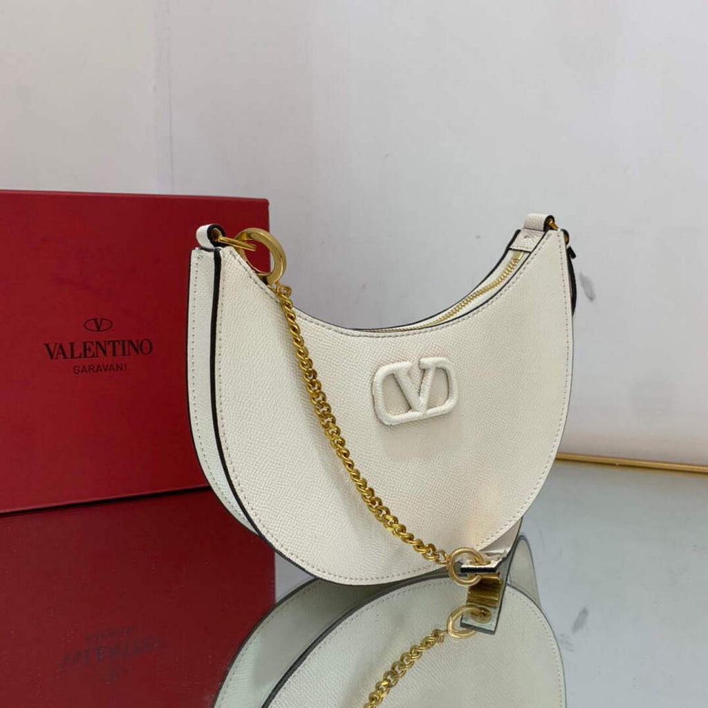 Valentino 1W2P0W19RQR Mini Vlogo Signature Grainy Calfskin Hobo Bag Light Ivory