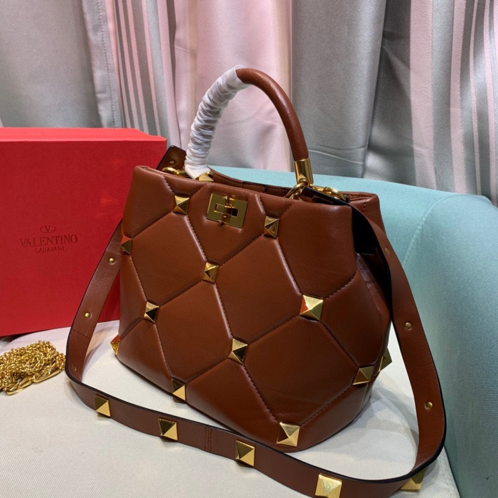 Valentino 2021 Roman Stud The Handle Bag In Nappa 0097L Brown