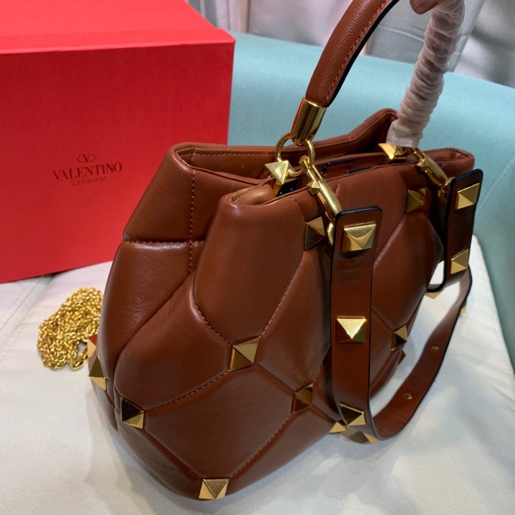 Valentino 2021 Roman Stud The Handle Bag In Nappa 0097L Brown