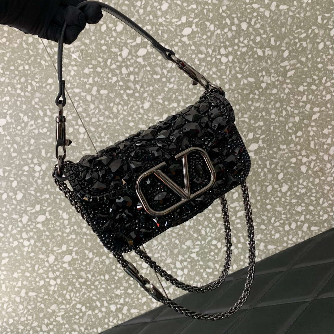 Valentino 2W0B0K53LBB_08Y SMALL VALENTINO GARAVANI LOC¨° SHOULDER BAG WITH CRYSTALS Black