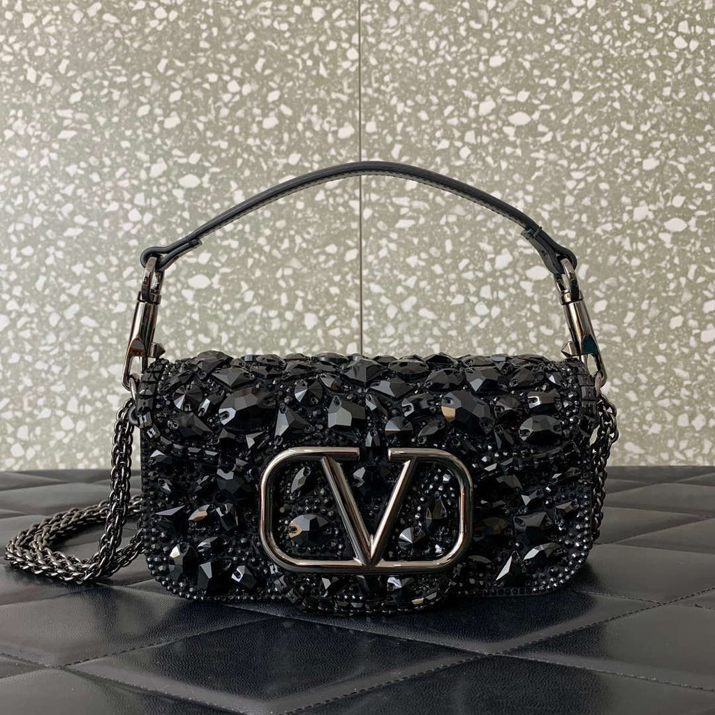 Valentino 2W0B0K53LBB_08Y SMALL VALENTINO GARAVANI LOC¨° SHOULDER BAG WITH CRYSTALS Black