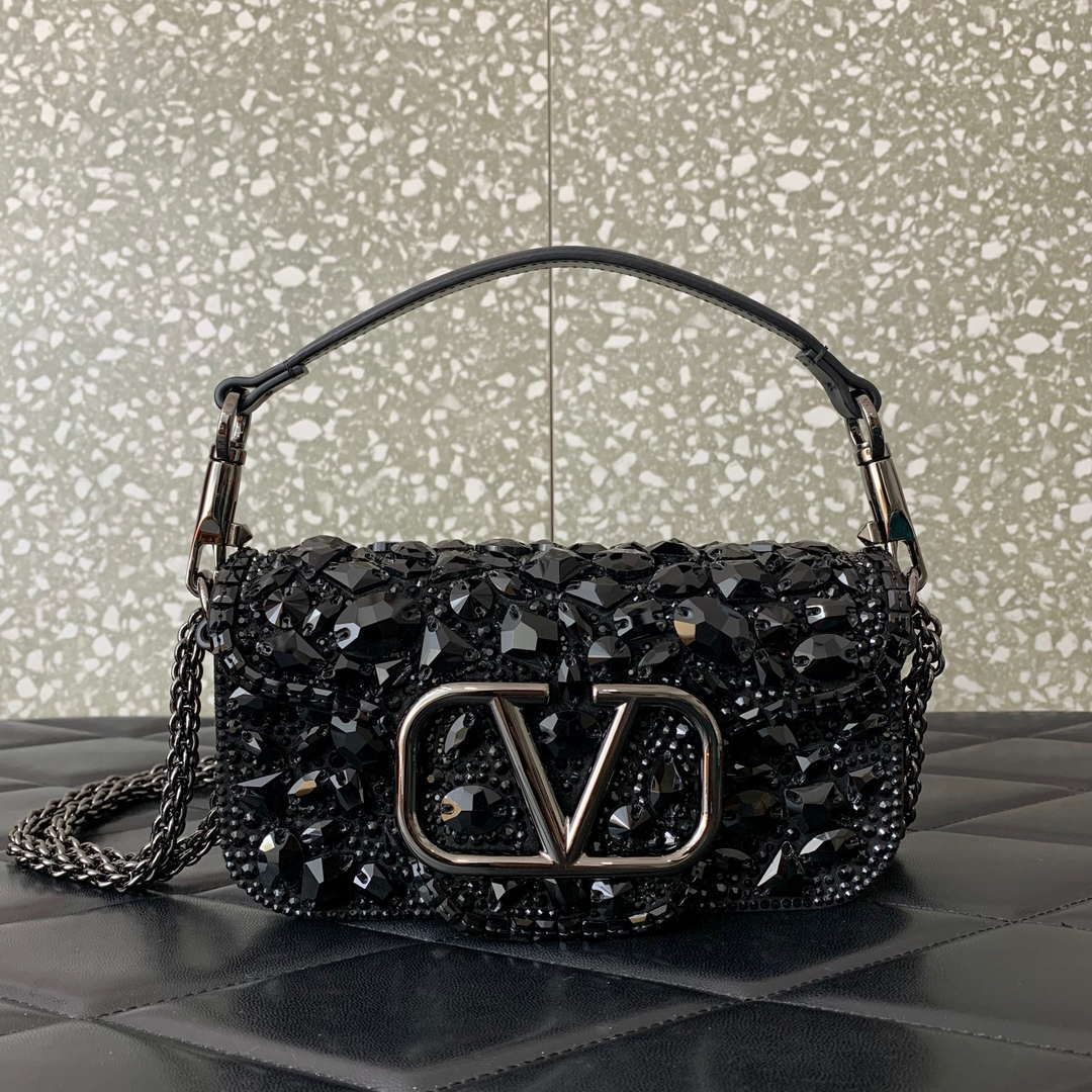 Valentino 2W0B0K53LBB_08Y SMALL VALENTINO GARAVANI LOC¨° SHOULDER BAG WITH CRYSTALS Black