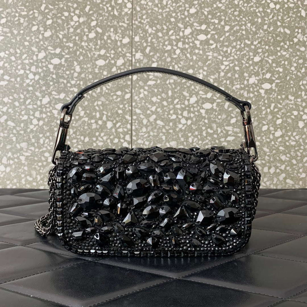 Valentino 2W0B0K53LBB_08Y SMALL VALENTINO GARAVANI LOC¨° SHOULDER BAG WITH CRYSTALS Black