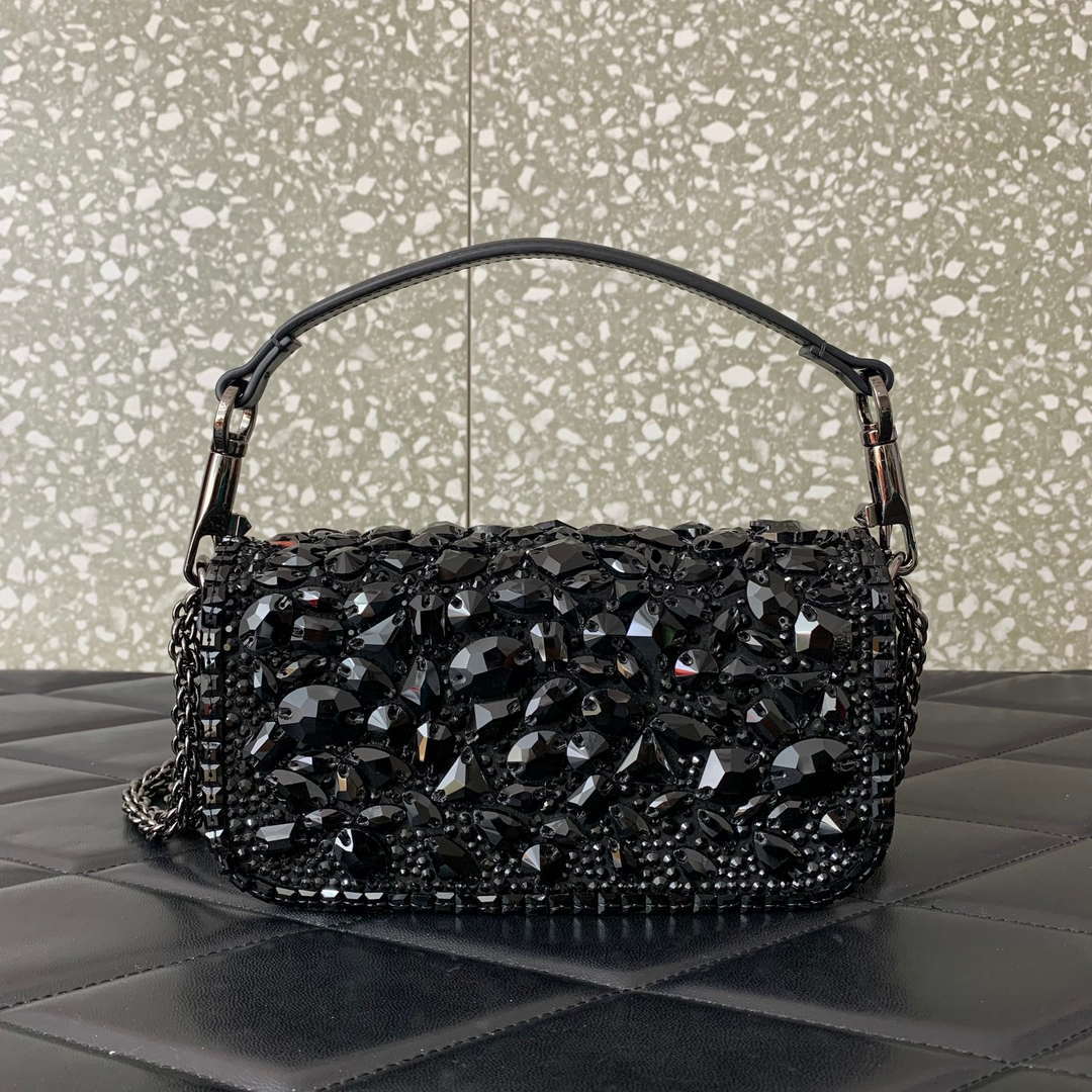 Valentino 2W0B0K53LBB_08Y SMALL VALENTINO GARAVANI LOC¨° SHOULDER BAG WITH CRYSTALS Black