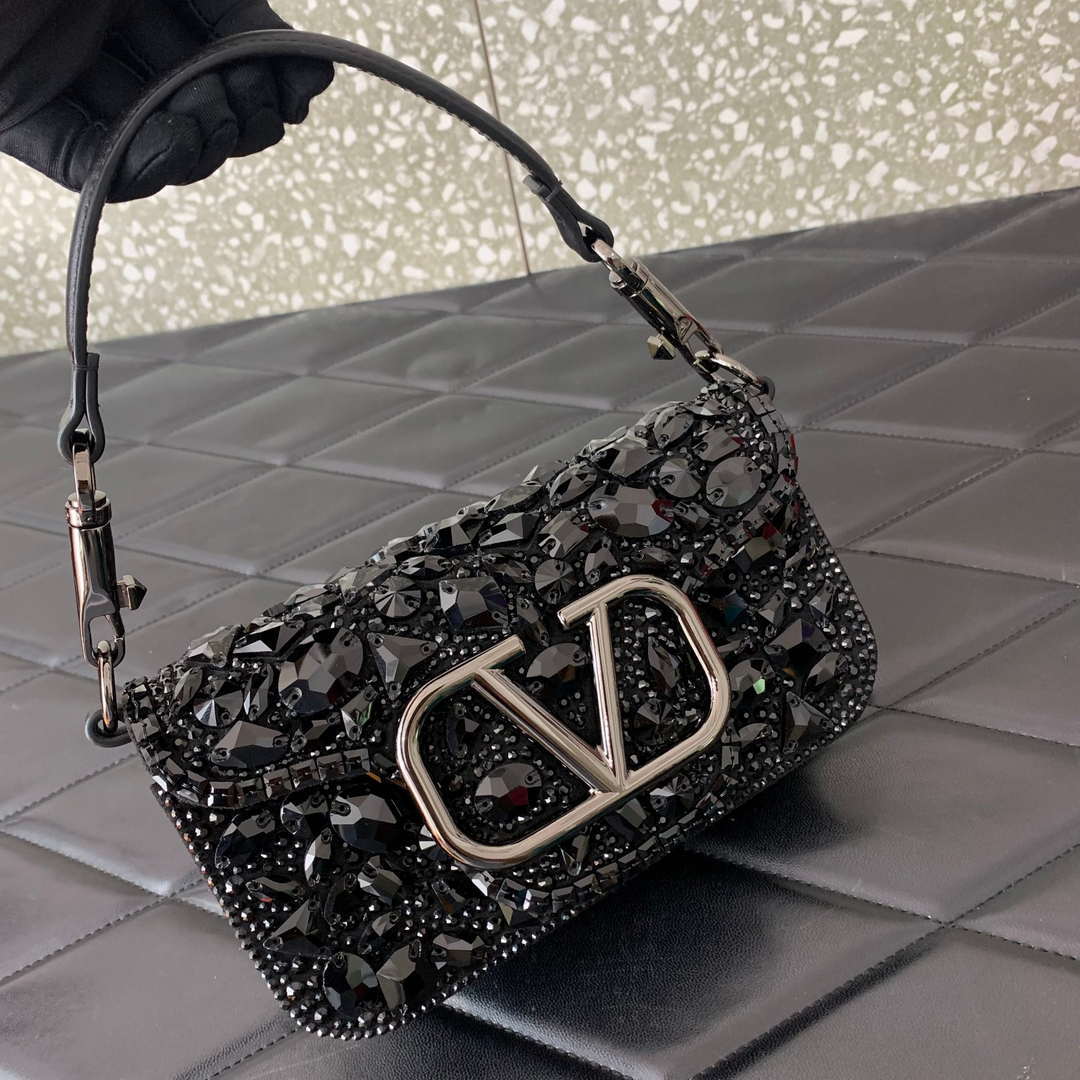 Valentino 2W0B0K53LBB_08Y SMALL VALENTINO GARAVANI LOC¨° SHOULDER BAG WITH CRYSTALS Black