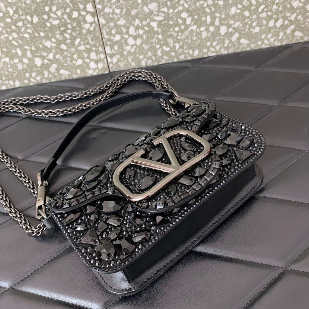 Valentino 2W0B0K53LBB_08Y SMALL VALENTINO GARAVANI LOC¨° SHOULDER BAG WITH CRYSTALS Black