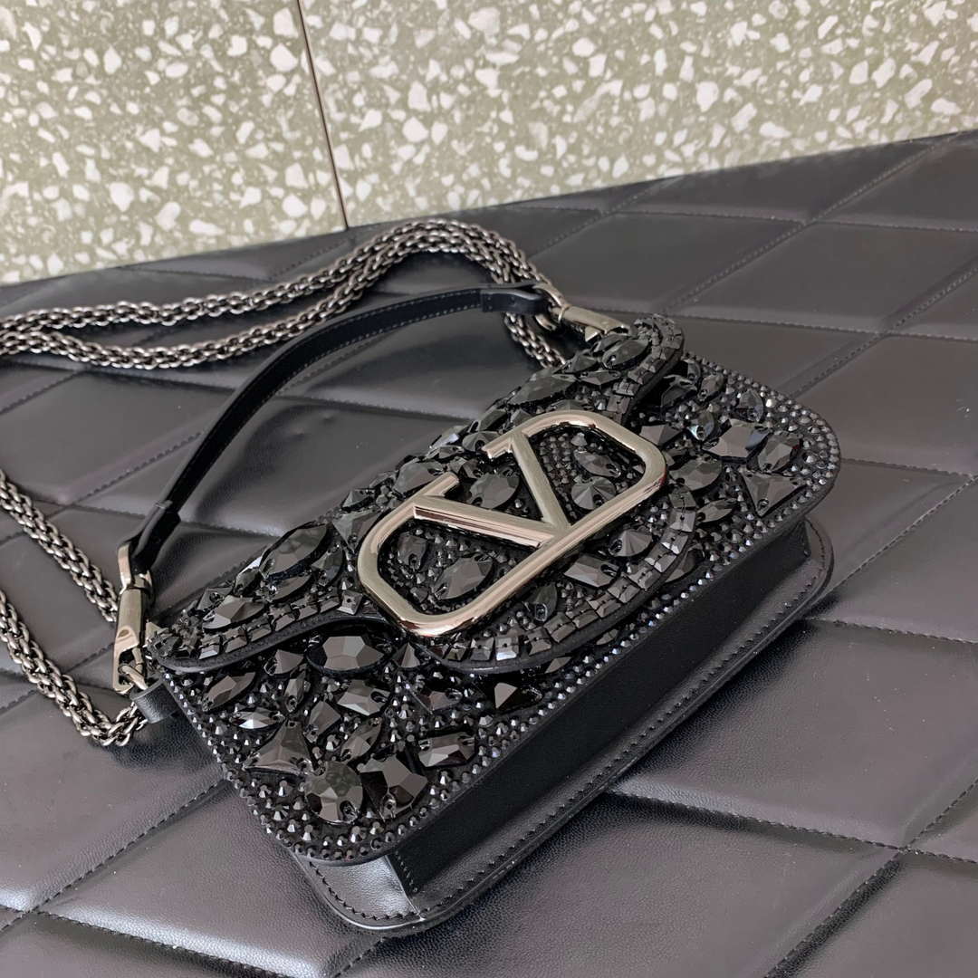 Valentino 2W0B0K53LBB_08Y SMALL VALENTINO GARAVANI LOC¨° SHOULDER BAG WITH CRYSTALS Black