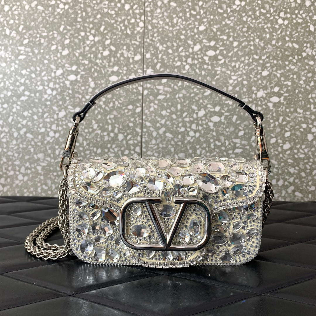 Valentino 2W0B0K53LBB_08Y SMALL VALENTINO GARAVANI LOC¨° SHOULDER BAG WITH CRYSTALS White