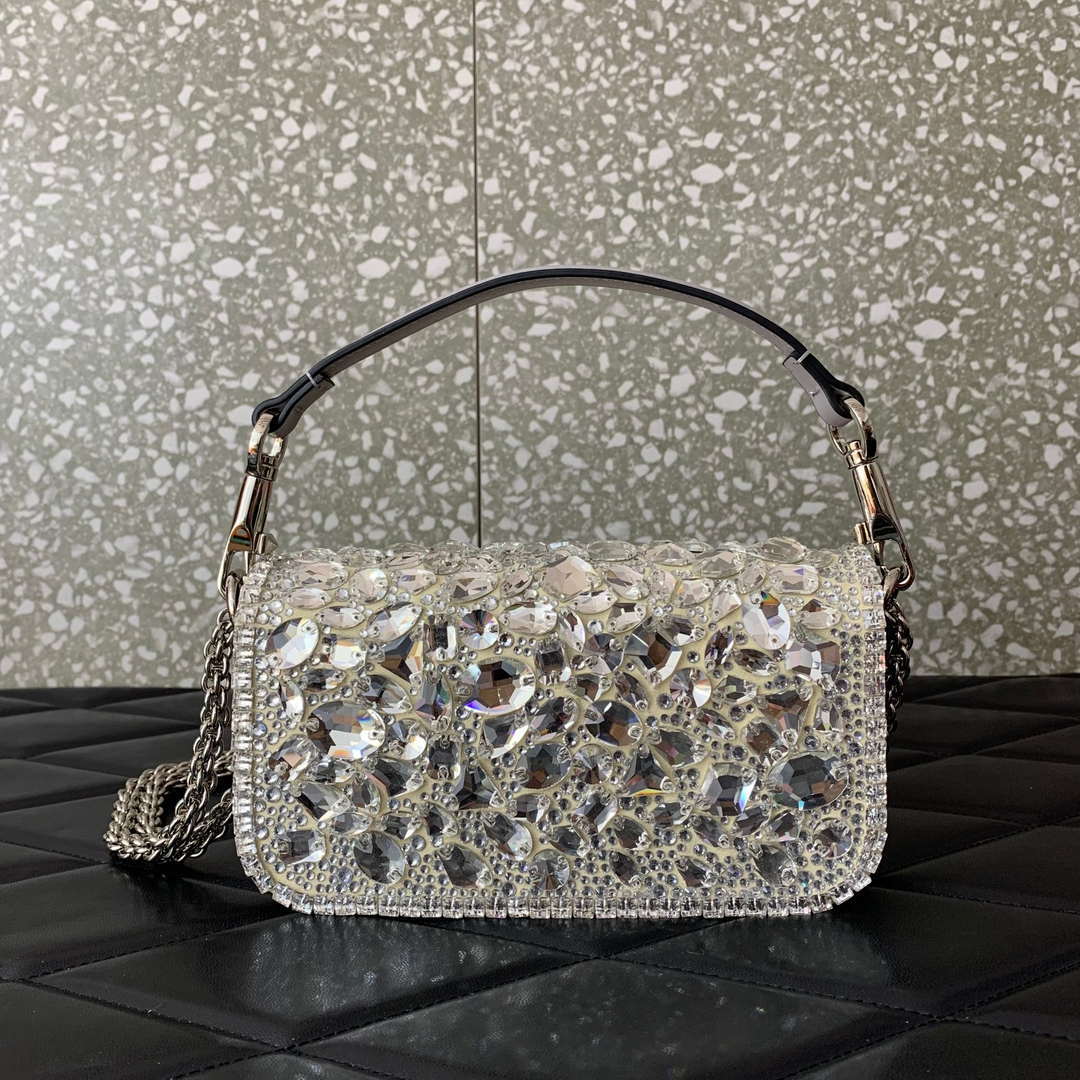 Valentino 2W0B0K53LBB_08Y SMALL VALENTINO GARAVANI LOC¨° SHOULDER BAG WITH CRYSTALS White