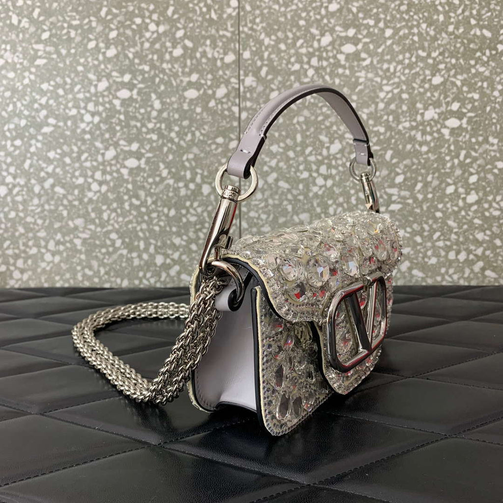Valentino 2W0B0K53LBB_08Y SMALL VALENTINO GARAVANI LOC¨° SHOULDER BAG WITH CRYSTALS White