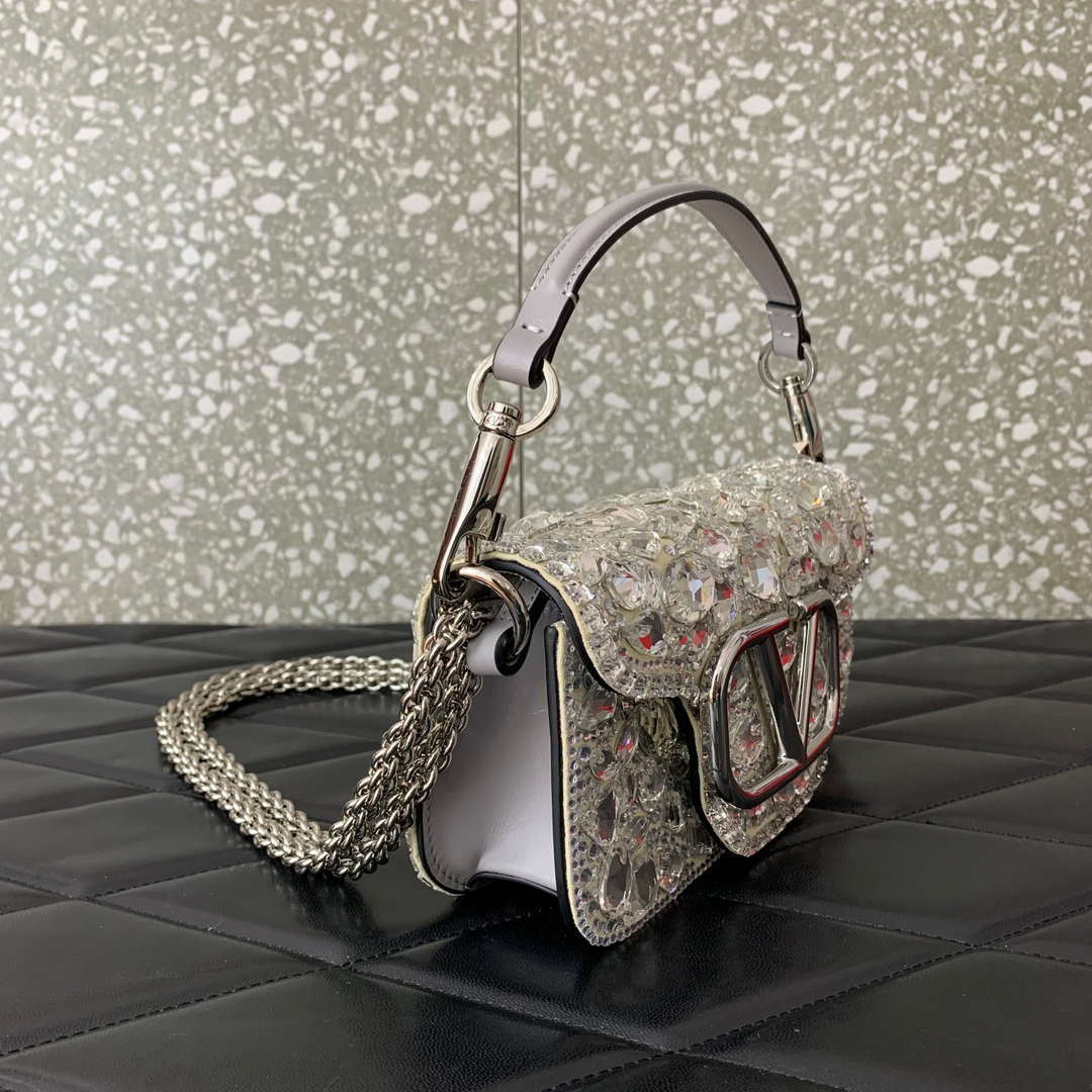Valentino 2W0B0K53LBB_08Y SMALL VALENTINO GARAVANI LOC¨° SHOULDER BAG WITH CRYSTALS White