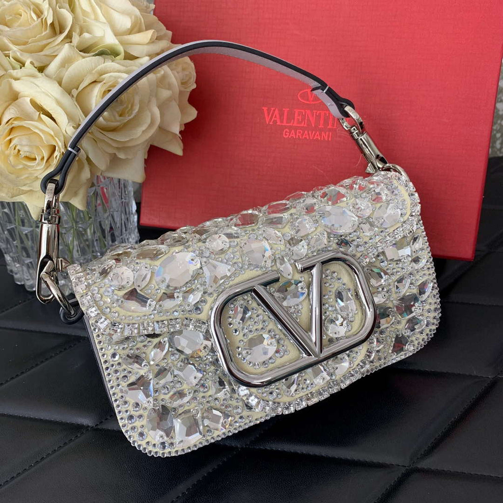 Valentino 2W0B0K53LBB_08Y SMALL VALENTINO GARAVANI LOC¨° SHOULDER BAG WITH CRYSTALS White