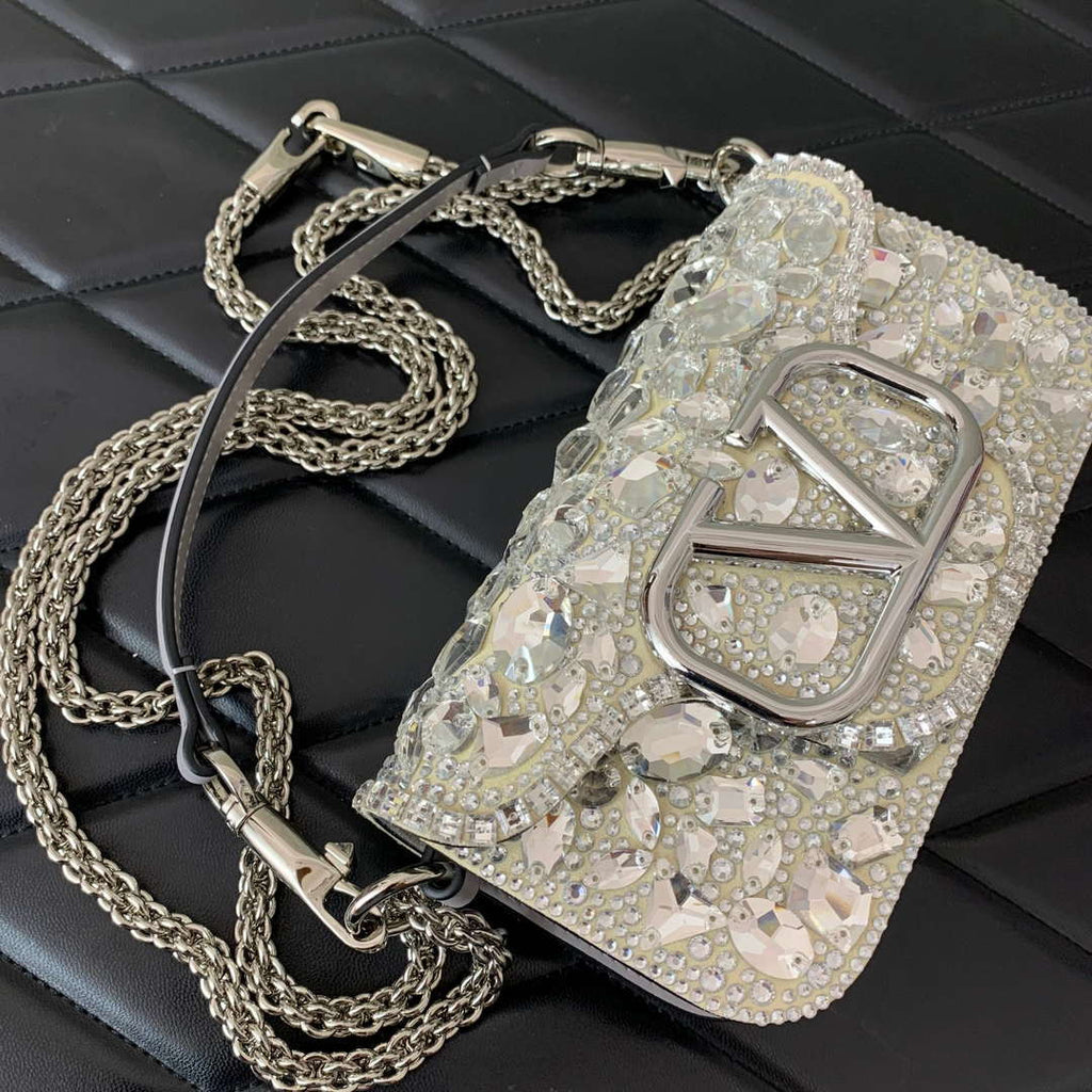 Valentino 2W0B0K53LBB_08Y SMALL VALENTINO GARAVANI LOC¨° SHOULDER BAG WITH CRYSTALS White