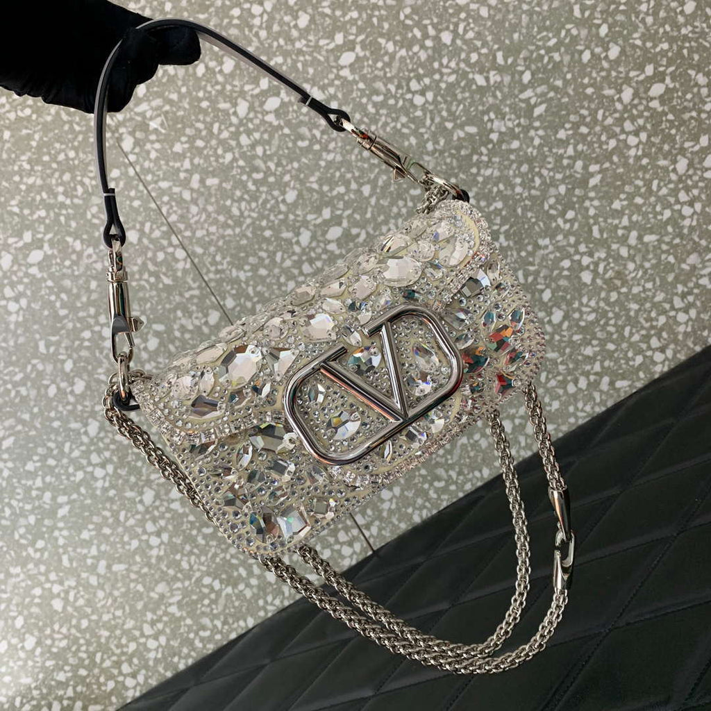 Valentino 2W0B0K53LBB_08Y SMALL VALENTINO GARAVANI LOC¨° SHOULDER BAG WITH CRYSTALS White