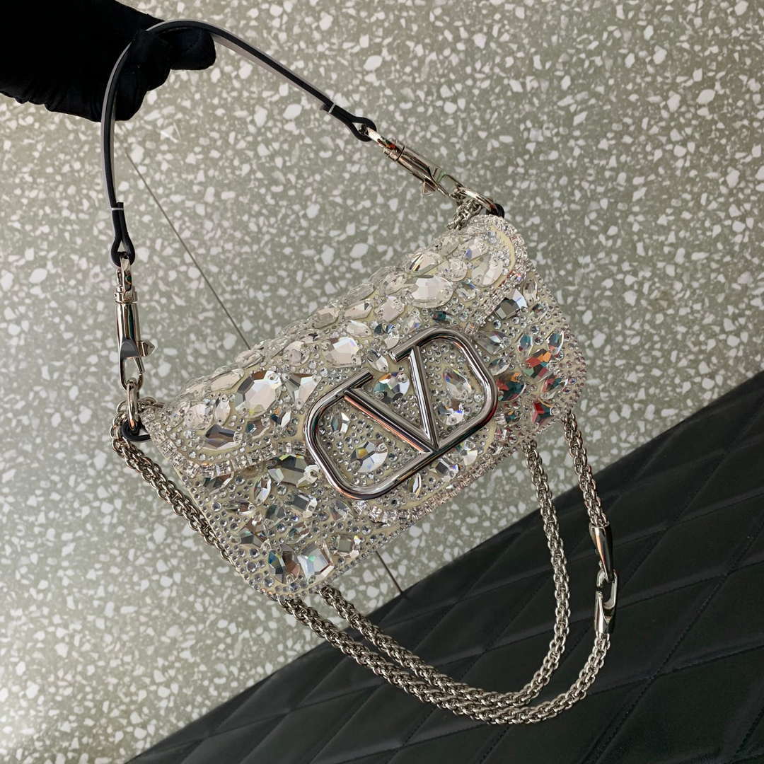 Valentino 2W0B0K53LBB_08Y SMALL VALENTINO GARAVANI LOC¨° SHOULDER BAG WITH CRYSTALS White