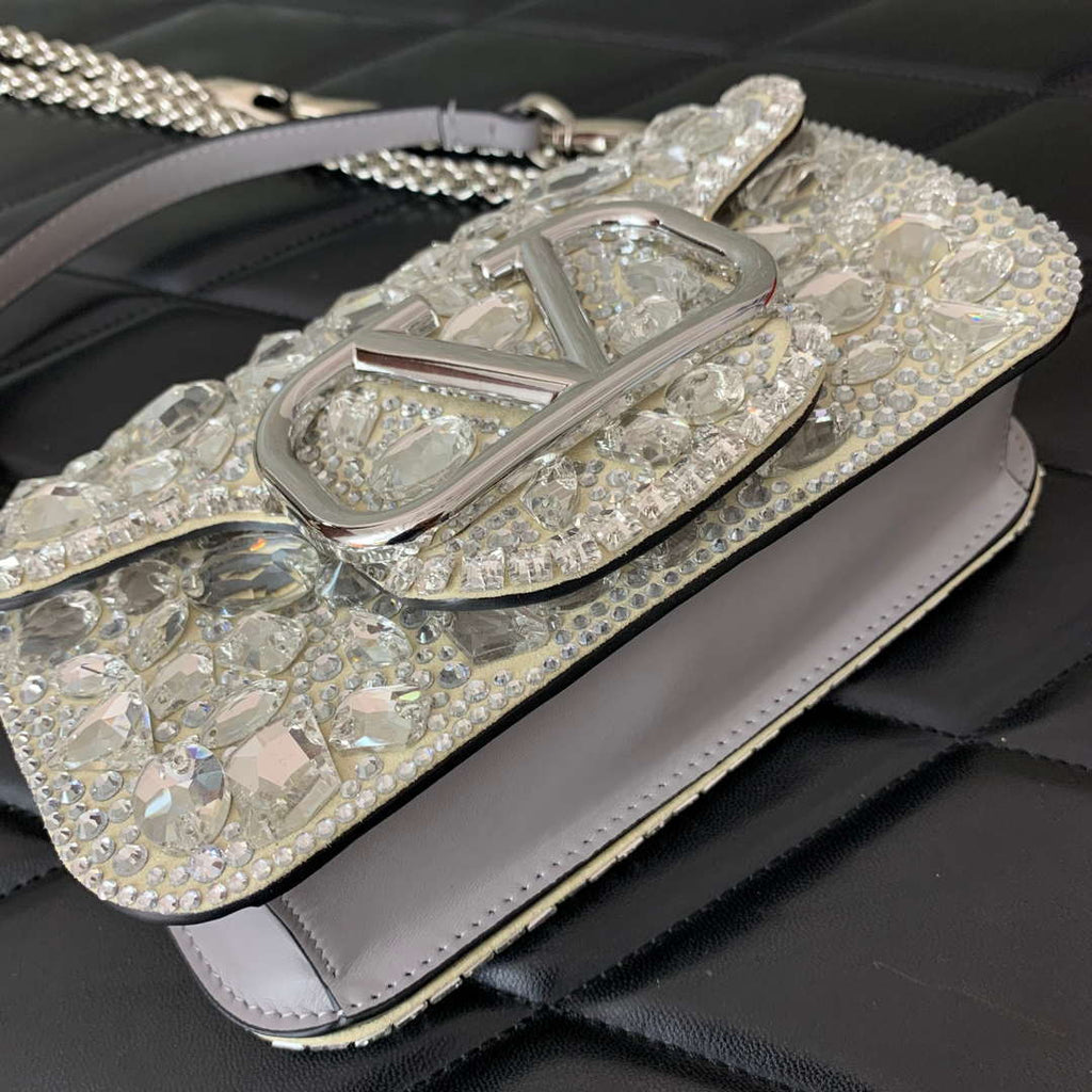 Valentino 2W0B0K53LBB_08Y SMALL VALENTINO GARAVANI LOC¨° SHOULDER BAG WITH CRYSTALS White