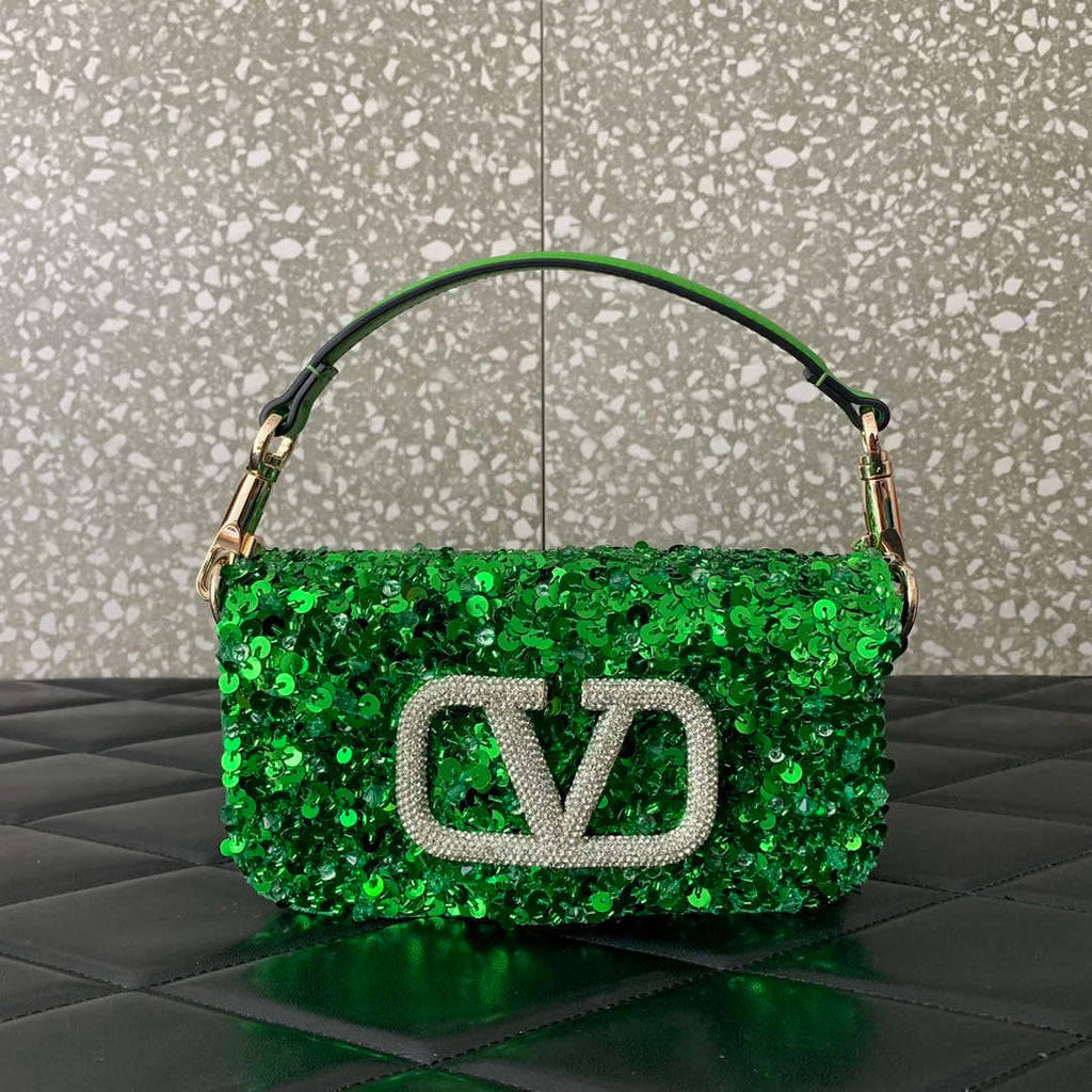 Valentino 2W2B0K53BYYNB6 Garavani Mini loco 3D Beads shoulder bag Crystal VLogo Signature Green