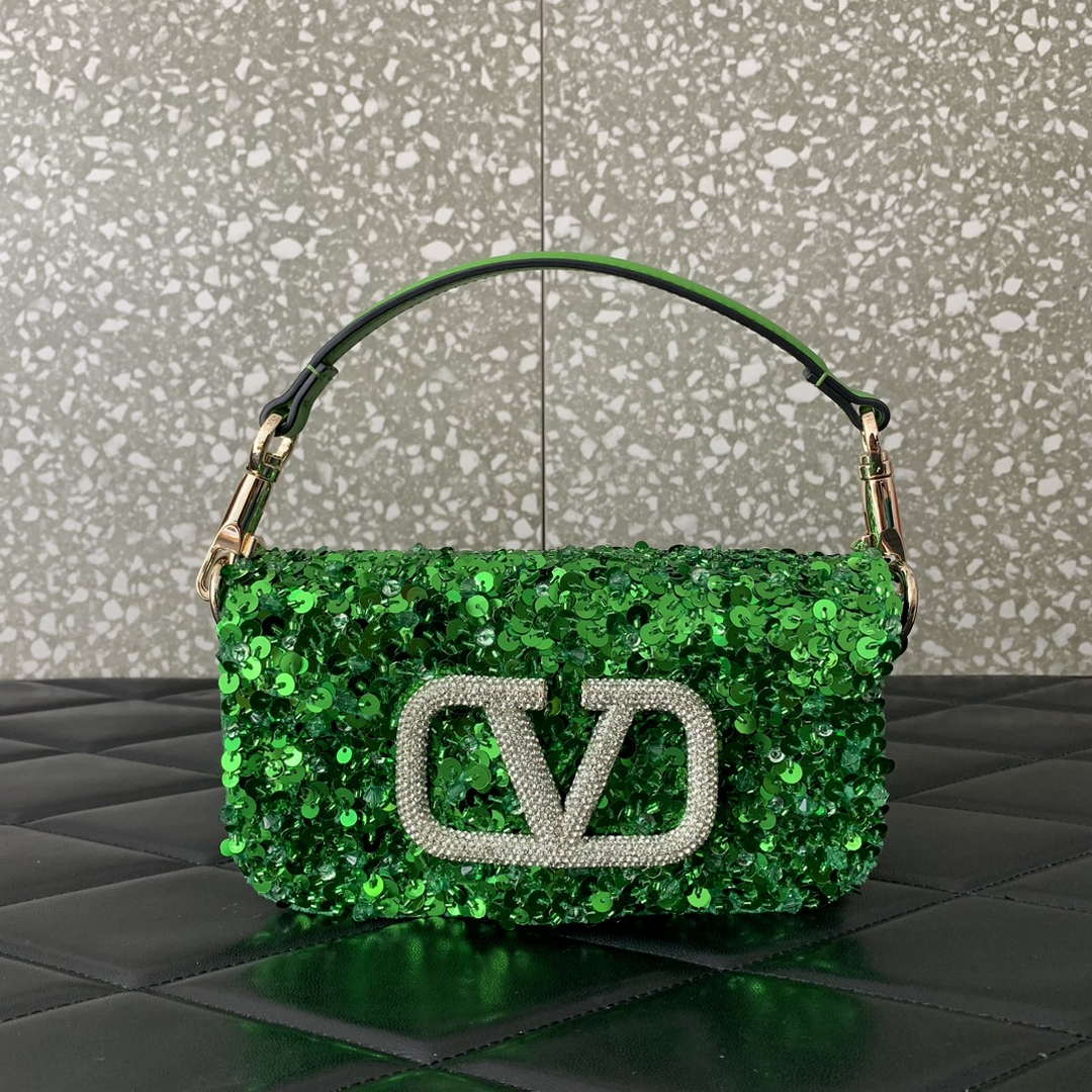 Valentino 2W2B0K53BYYNB6 Garavani Mini loco 3D Beads shoulder bag Crystal VLogo Signature Green