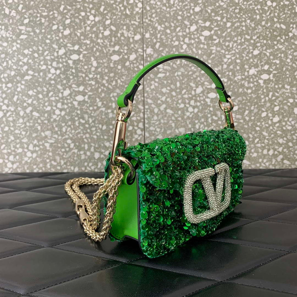 Valentino 2W2B0K53BYYNB6 Garavani Mini loco 3D Beads shoulder bag Crystal VLogo Signature Green