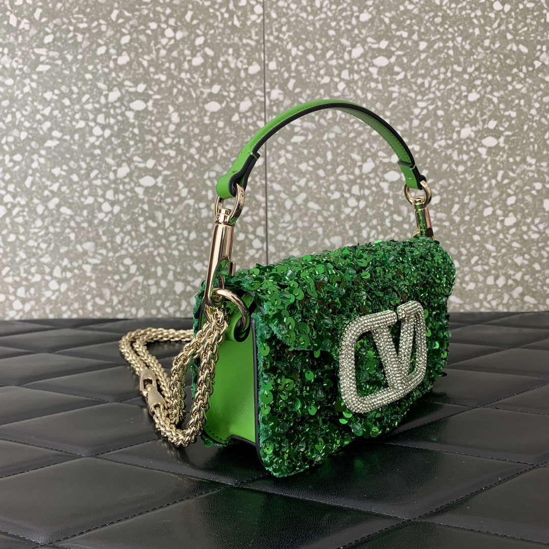 Valentino 2W2B0K53BYYNB6 Garavani Mini loco 3D Beads shoulder bag Crystal VLogo Signature Green
