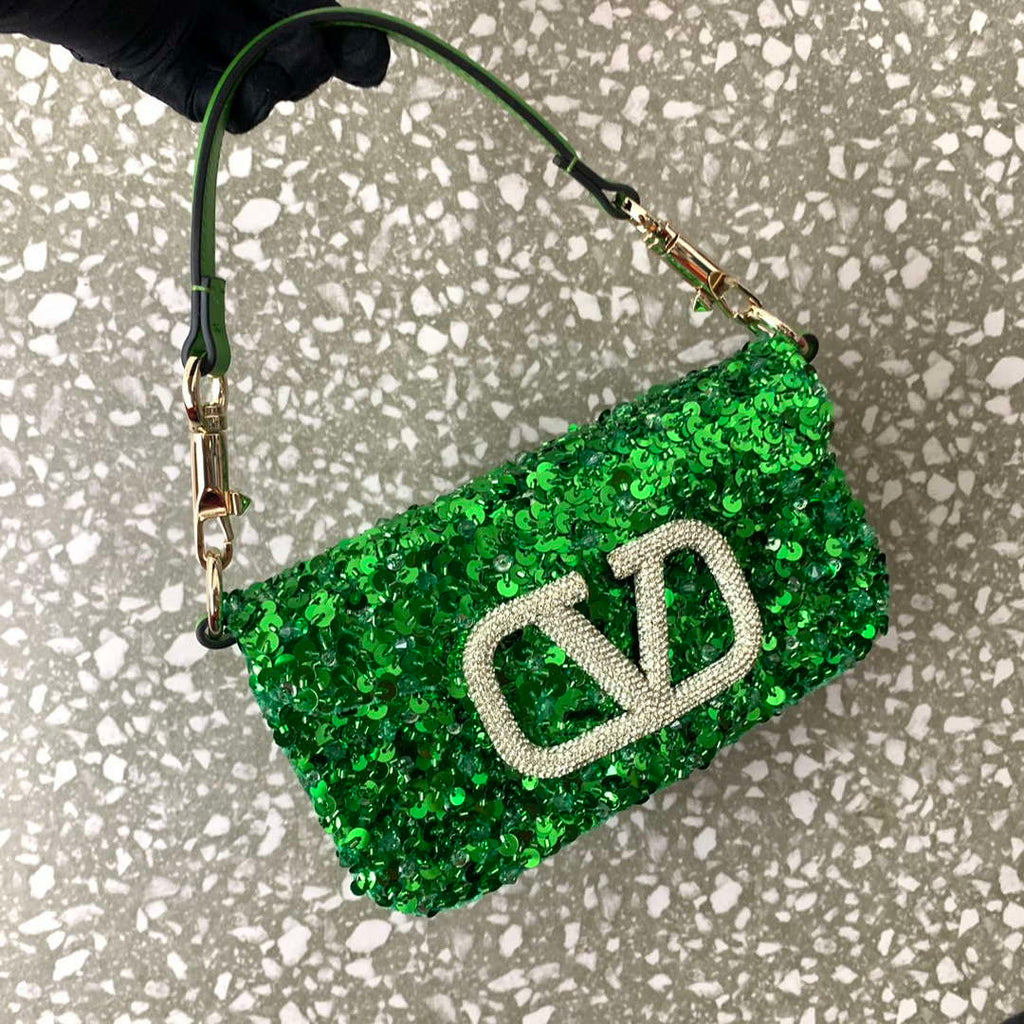 Valentino 2W2B0K53BYYNB6 Garavani Mini loco 3D Beads shoulder bag Crystal VLogo Signature Green