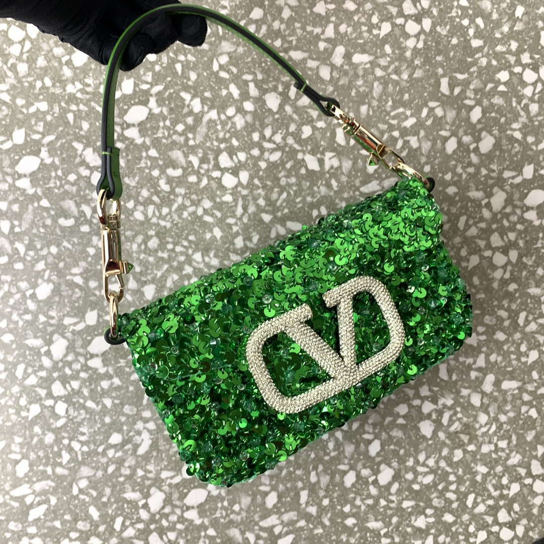 Valentino 2W2B0K53BYYNB6 Garavani Mini loco 3D Beads shoulder bag Crystal VLogo Signature Green