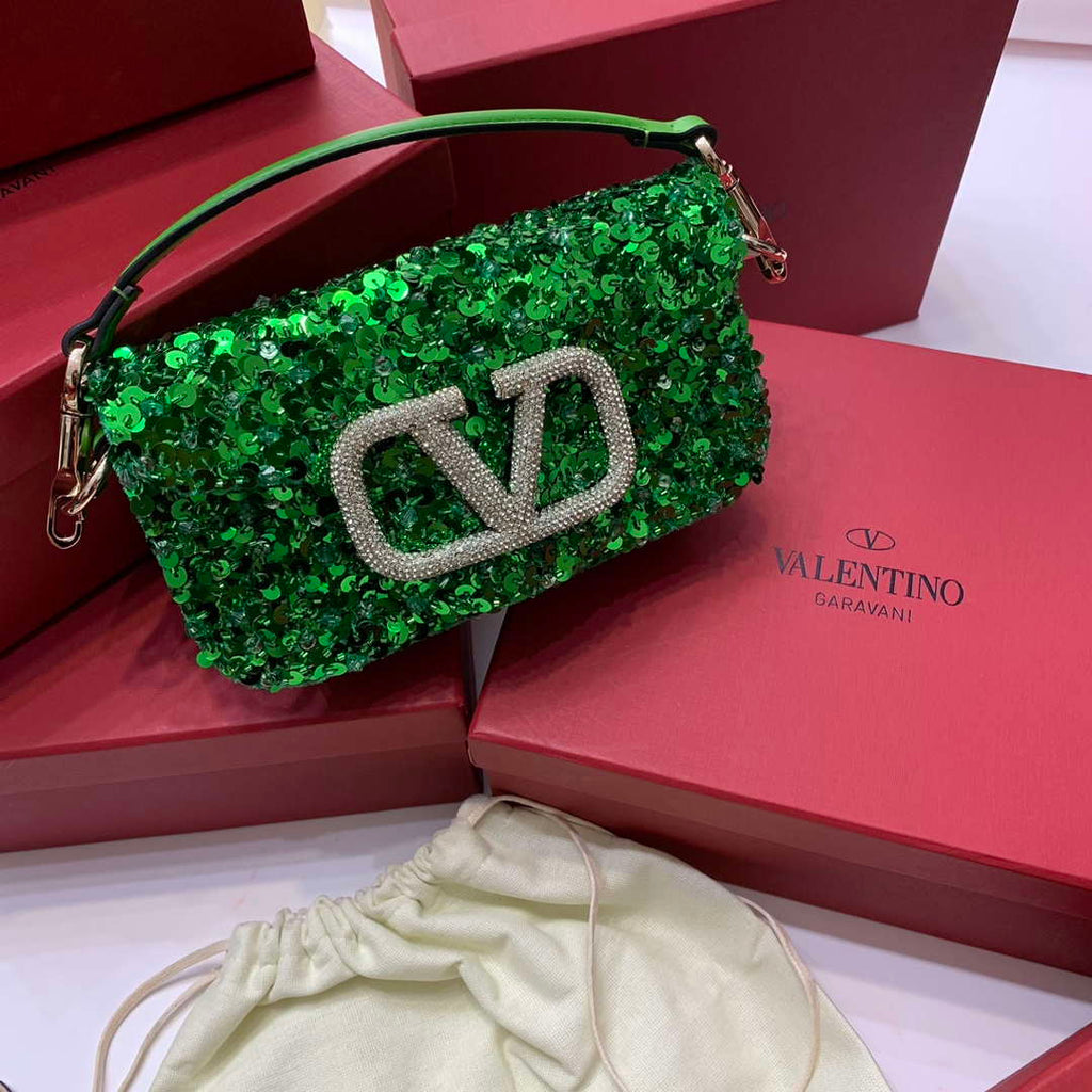 Valentino 2W2B0K53BYYNB6 Garavani Mini loco 3D Beads shoulder bag Crystal VLogo Signature Green