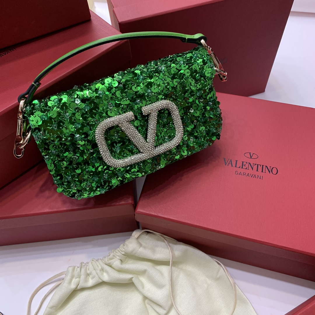 Valentino 2W2B0K53BYYNB6 Garavani Mini loco 3D Beads shoulder bag Crystal VLogo Signature Green