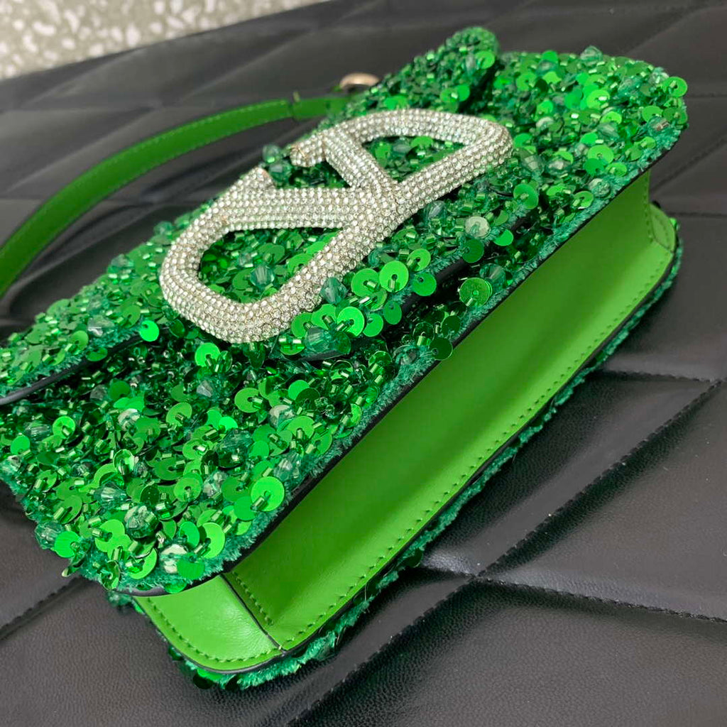 Valentino 2W2B0K53BYYNB6 Garavani Mini loco 3D Beads shoulder bag Crystal VLogo Signature Green