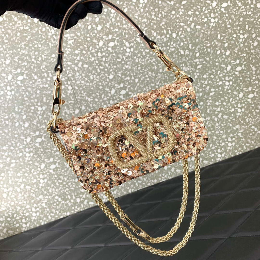 Valentino 2W2B0K53BYYNB6 Garavani Mini loco 3D Beads shoulder bag Crystal VLogo Signature Nude