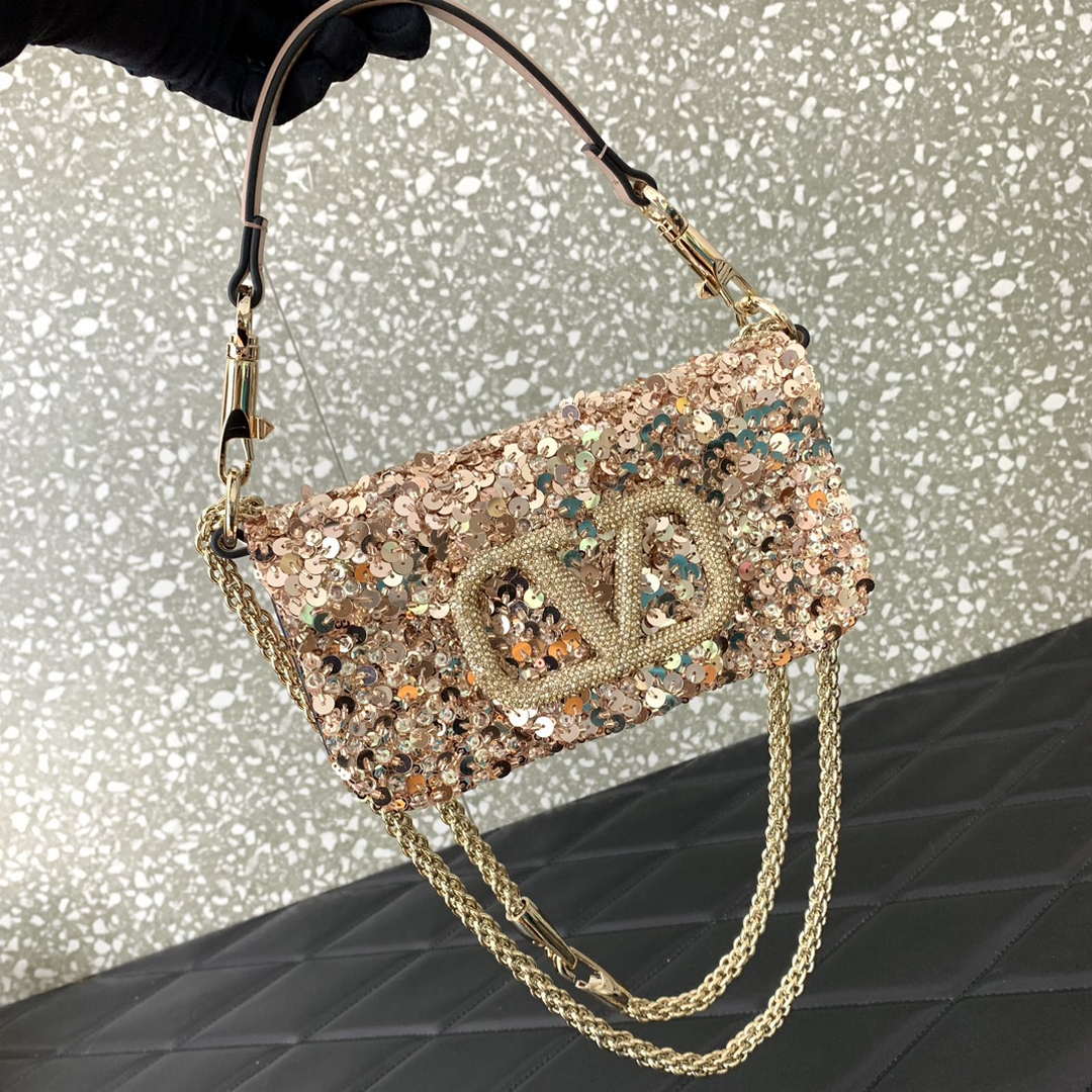 Valentino 2W2B0K53BYYNB6 Garavani Mini loco 3D Beads shoulder bag Crystal VLogo Signature Nude