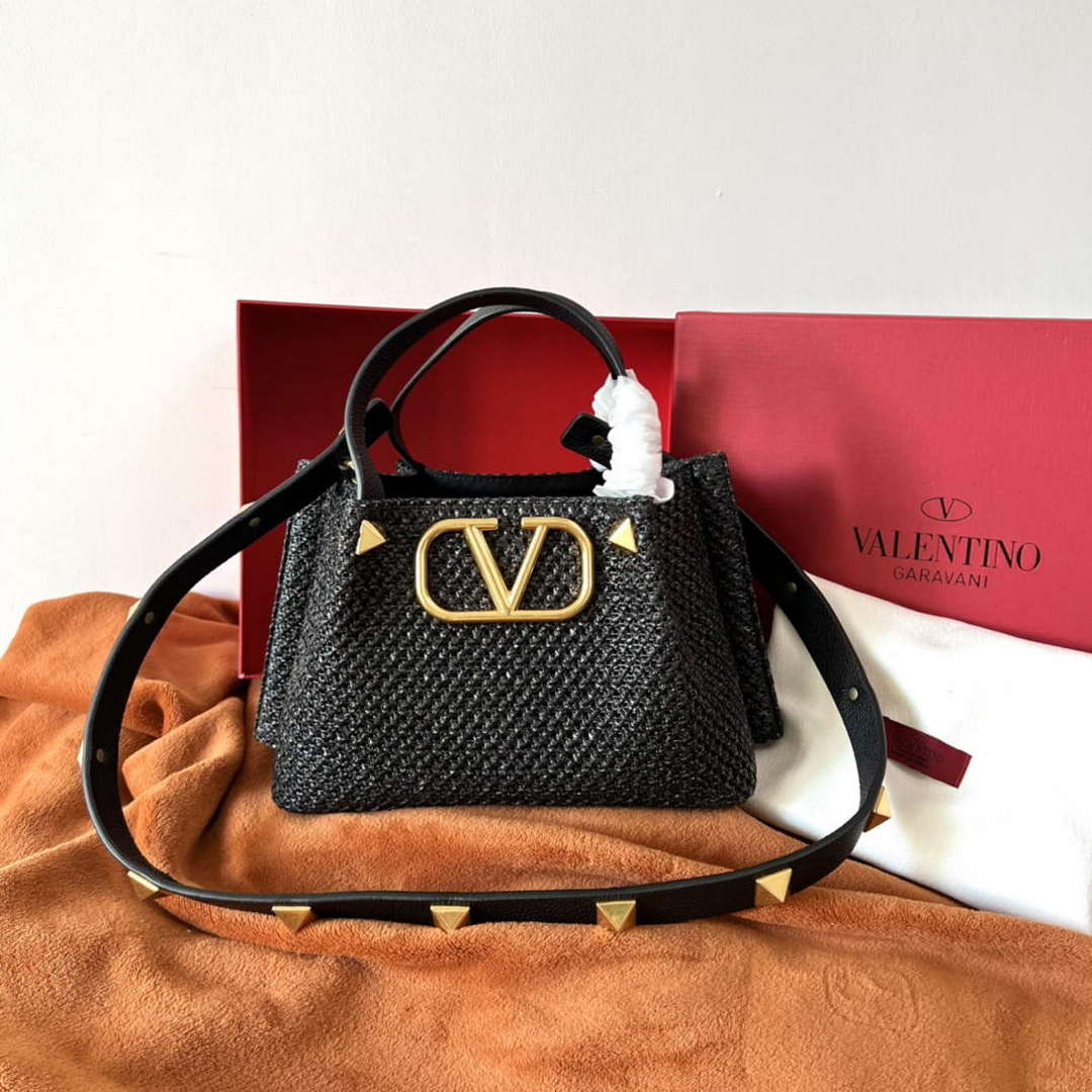 Valentino 4W2B0K39YCE Small Straw Summer Tote Bag Black - Default Title - View 1