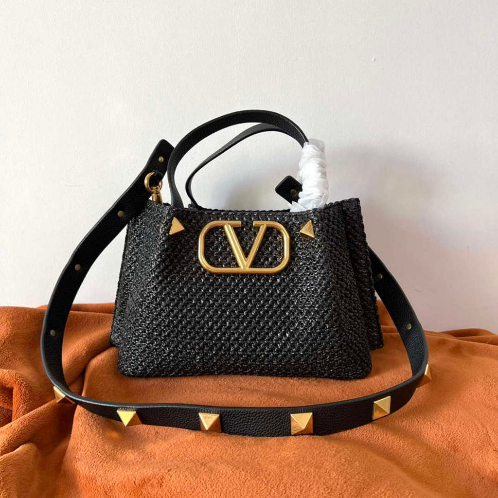 Valentino 4W2B0K39YCE Small Straw Summer Tote Bag Black