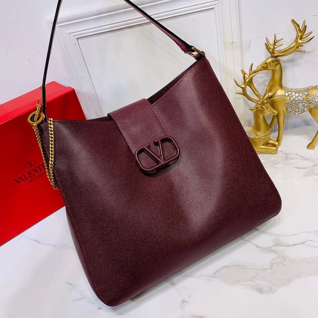 Valentino 50027 Vsling Grainy Calfskin Hobo Bag Wine Red