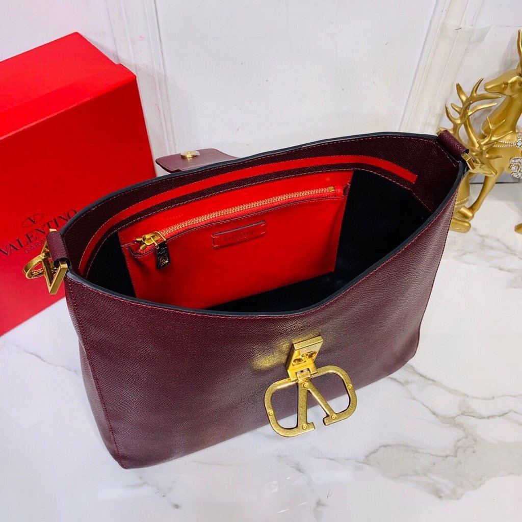 Valentino 50027 Vsling Grainy Calfskin Hobo Bag Wine Red
