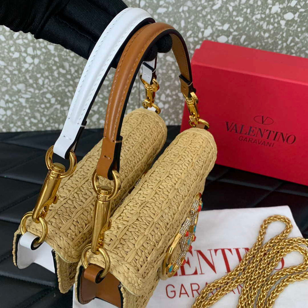 Valentino 5016 Valentino Garavani  loc¨° raffia shoulder bag White