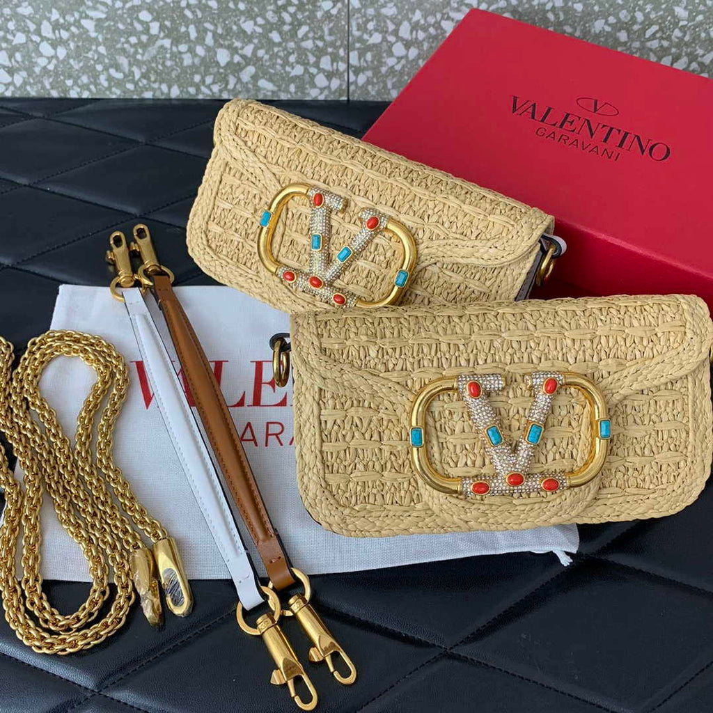 Valentino 5016 Valentino Garavani  loc¨° raffia shoulder bag White
